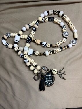 Plunder Neutral Black & Cream Beaded Lanyard with Charms